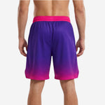 Back view of mens custom basketball shorts in purple to pink sublimated gradient with player number print zone at lower rear