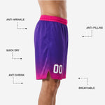 Close detail of halftone hex dot gradient on mens custom basketball shorts transitioning from purple body to vibrant hot pink hem