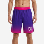 Mens custom basketball shorts in purple to hot pink halftone hex gradient with solid pink elastic waistband and white player number 00 at front thigh