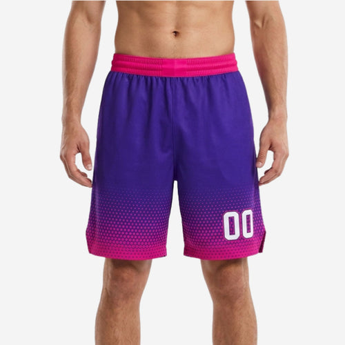 Mens custom basketball shorts in purple to hot pink halftone hex gradient with solid pink elastic waistband and white player number 00 at front thigh