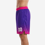 Opposite side view of mens custom basketball shorts in purple and hot pink halftone gradient showing leg opening and side split at hem