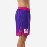Side view of mens custom basketball shorts showing purple to pink gradient fade hem split and ribbed pink waistband with internal drawcord