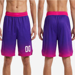 Size and spec sheet for mens custom basketball shorts in purple and pink showing youth through adult sizing chart