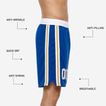 Back view of royal blue and gold mens custom basketball shorts showing full sublimation print and side stripe