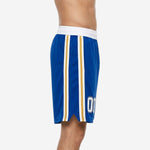 Front view of mens custom basketball shorts in royal blue showing wide white elastic waistband and gold side stripe detail