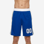 Mens custom basketball shorts in royal blue with dual gold and white side stripes and white block number 00 on front thigh