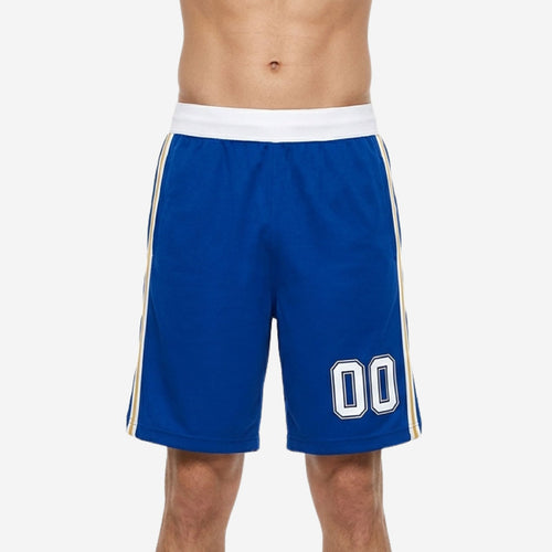 Mens custom basketball shorts in royal blue with dual gold and white side stripes and white block number 00 on front thigh