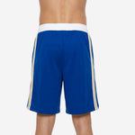 Opposite side view of sublimated mens basketball shorts in royal blue and gold with white waistband