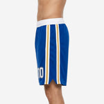 Side view of royal blue mens custom basketball shorts showing full-length dual gold and white side stripe and hem split