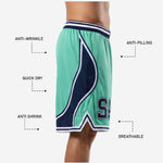 Size and specification sheet for mens custom basketball shorts in mint green and navy, youth through adult sizing