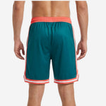 Back view of mens custom basketball shorts in teal with coral-red waistband and full-dye sublimated side stripe and number placement