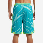 Opposite side view of sublimated mens basketball shorts in teal flame design with double-stripe hem band and neon lime trim detail