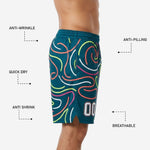 Mens custom basketball shorts in deep teal with an all-over neon swirl sublimation print and player number 00 on the front hem