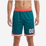 Mens custom basketball shorts in teal with coral-red elastic waistband, white pinstripe side panels, and player number 00 at the left thigh front view