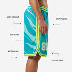 Size and specification sheet for mens custom basketball shorts in teal and neon lime, youth through adult roster sizing