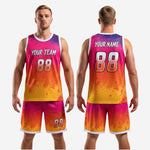 Men's custom basketball uniforms in sunset gradient colorway showing shorts number placement