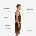 Back view of men's custom basketball uniform in brown and gold showing back number and player name placement on jersey
