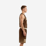 Custom men's basketball uniform brown and gold V-neck sleeveless jersey with arched team name and matching shorts, front view