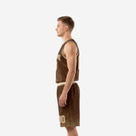 Side view of men's custom basketball uniform set in brown with gold trim showing athletic cut jersey and shorts silhouette