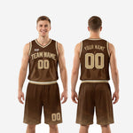Size and specification chart for men's custom basketball uniforms in brown and gold, youth and adult sizing available