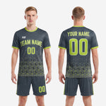 Full set view of men's custom charcoal and neon green soccer outfits including jersey and matching shorts