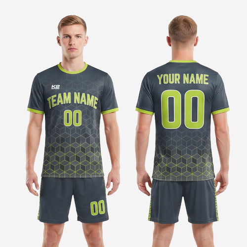 Full set view of men's custom charcoal and neon green soccer outfits including jersey and matching shorts