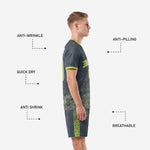 Detail view of custom charcoal soccer shorts with neon green hex side panel and sublimated player number