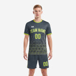 Men's custom soccer outfits in charcoal and neon green with hex geometric print and arched team name on chest