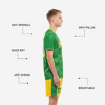Athletic Gold custom soccer shorts with Kelly Green side stripe and green player number printed on the leg