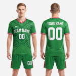 Back view of mens custom Kelly Green and red soccer uniform set showing full-dye sublimation coverage and back number placement