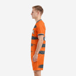 Full-dye sublimated orange and graphite soccer uniform for men, right side profile showing crew neck and sleeve trim