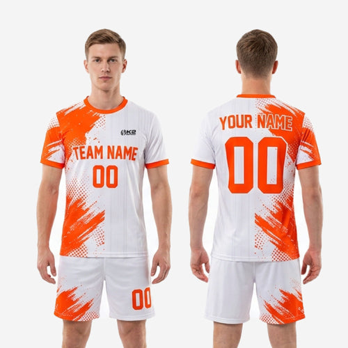 Men soccer outfits front and back view with custom team name, player name, and numbers in orange sublimation print on white jersey and shorts