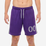 Mens custom purple soccer shorts front view with Royal Purple body, Silver side panel, and number 00 on right thigh