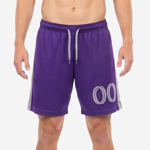 Mens custom purple soccer shorts front view with Royal Purple body, Silver side panel, and number 00 on right thigh