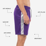 Sublimated purple soccer shorts straight hem detail in Royal Purple with Silver panel edge stitching