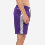 Mens custom purple soccer shorts left side view showing full-length Silver contrast panel on Royal Purple body