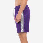 Mens custom purple soccer shorts right side view with Silver drawcord waistband and Silver side panel detail