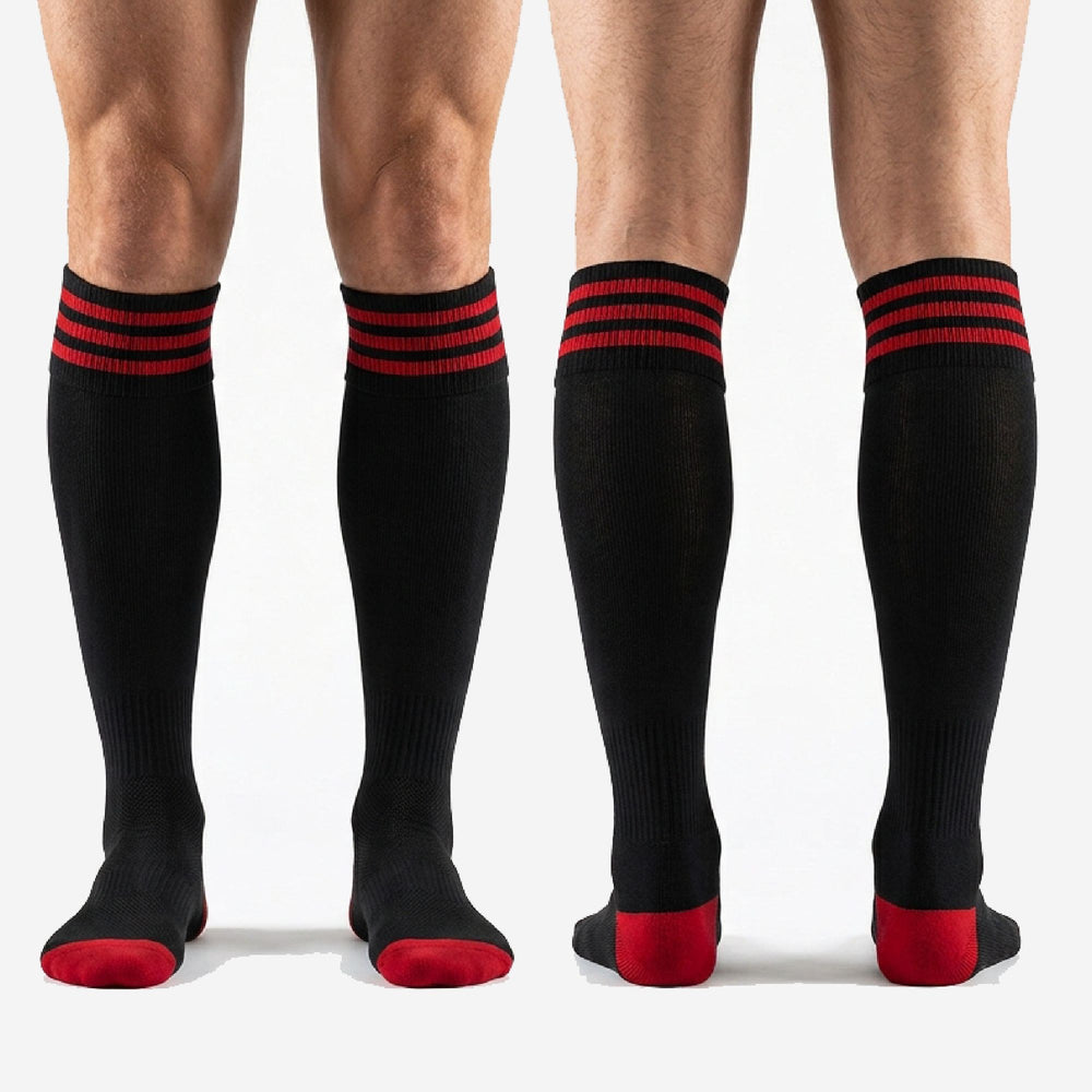 Mens Red and Black Soccer Socks - Custom Striped Kit