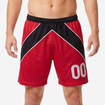 Full print red soccer shorts straight hem cut at mid-thigh showing flat-lock seam stitching