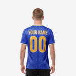 Back view of men custom soccer jersey in Royal Blue with Athletic Gold player name arced over back number