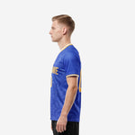 Right side view of men custom soccer jerseys in Royal Blue and Athletic Gold showing back name and number placement