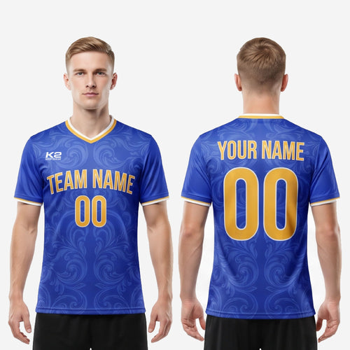 V-neck collar detail on men custom soccer jersey showing white and Athletic Gold two-stripe trim finish