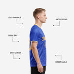 Close-up of Royal Blue scroll pattern sublimation detail on men custom soccer jerseys from K2 Sportswear