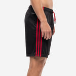 Mens custom soccer shorts showing red double side stripe and red drawcord on elastic waistband, left side view