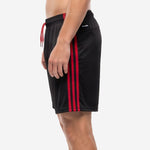 Mens custom soccer shorts in black with red triple side stripe detail running full leg length, right side view
