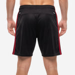 Mens custom soccer shorts waistband detail showing wide elastic band with matching red drawcord