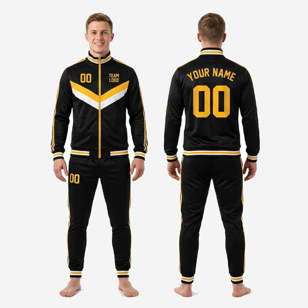 Sublimated Black and White Soccer Tracksuit - Custom Gold Stripe