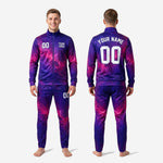 Men's custom soccer tracksuit set in royal purple and fuchsia galaxy print, 2-piece full-sublimation jacket and tapered pants
