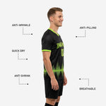 Black soccer training jersey lime green V-neck collar and sleeve cuff trim detail, K2 Sportswear