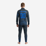 Mens custom tracksuit set in Graphite and Royal Blue showing back player name and number 00 sublimated print